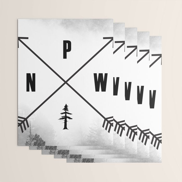 PNW Pacific Northwest Compass - Black and White Forest Wrapping Paper Gallery Image 3