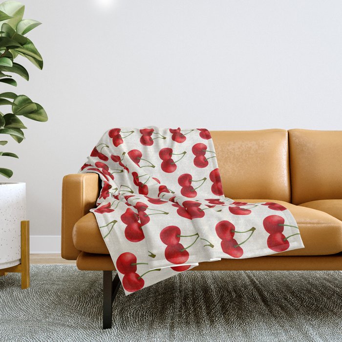 Y2K Cherries - Creme Pattern Large Throw Blanket Gallery Image 1