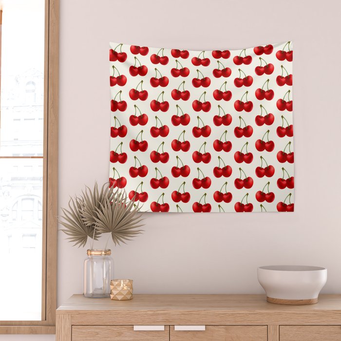 Y2K Cherries - Creme Pattern Large Wall Tapestry Gallery Image 2