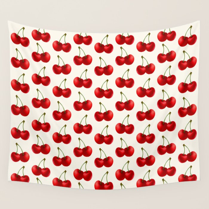 Y2K Cherries - Creme Pattern Large Wall Tapestry Gallery Image 1