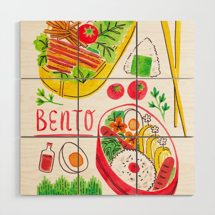 Japanese Bento Rice Lunch Box with Chopsticks & Onigiri Wood Wall Art Gallery Image 1