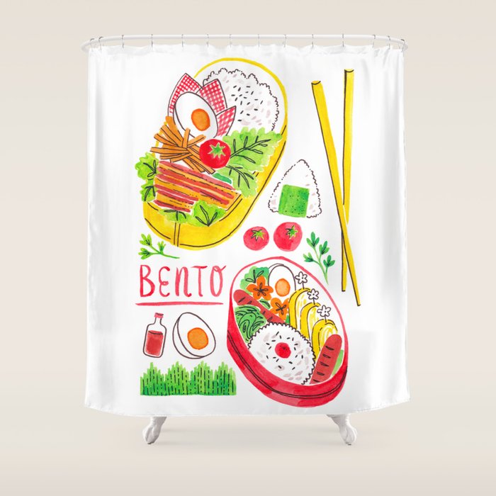 Japanese Bento Rice Lunch Box with Chopsticks & Onigiri Shower Curtain Gallery Image 1