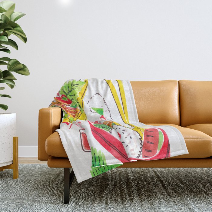 Japanese Bento Rice Lunch Box with Chopsticks & Onigiri Throw Blanket