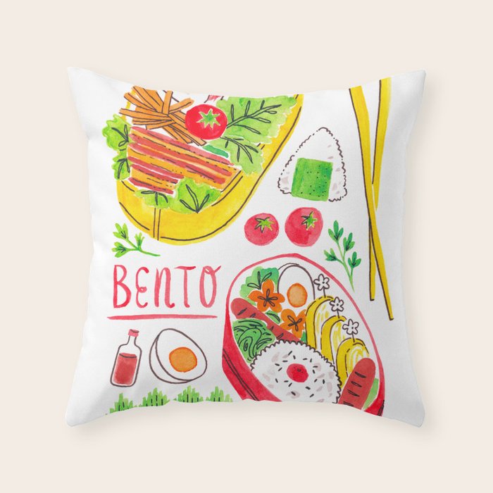 Japanese Bento Rice Lunch Box with Chopsticks & Onigiri Throw Pillow Gallery Image 6