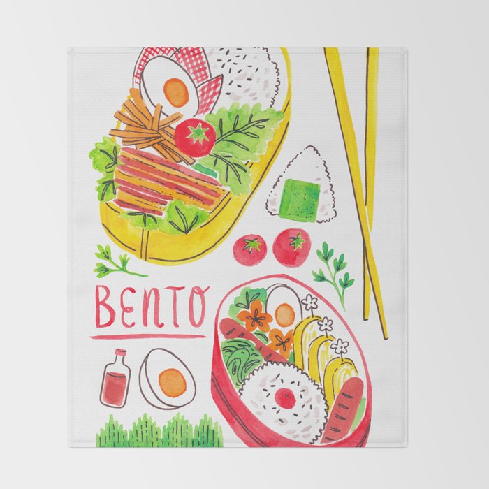 Japanese Bento Rice Lunch Box with Chopsticks & Onigiri Throw Blanket Gallery Image 2