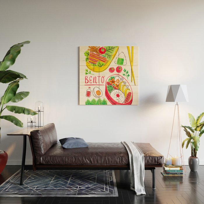 Japanese Bento Rice Lunch Box with Chopsticks & Onigiri Wood Wall Art Gallery Image 2