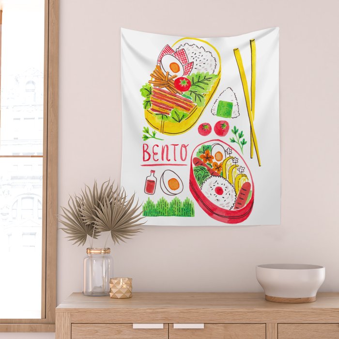 Japanese Bento Rice Lunch Box with Chopsticks & Onigiri Wall Tapestry Gallery Image 2