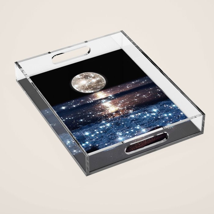 SUNSET | magical | stars | moon | night | waves | moon | sky | beach | ocean | sea | blue | bling  Acrylic Tray Gallery Image 1