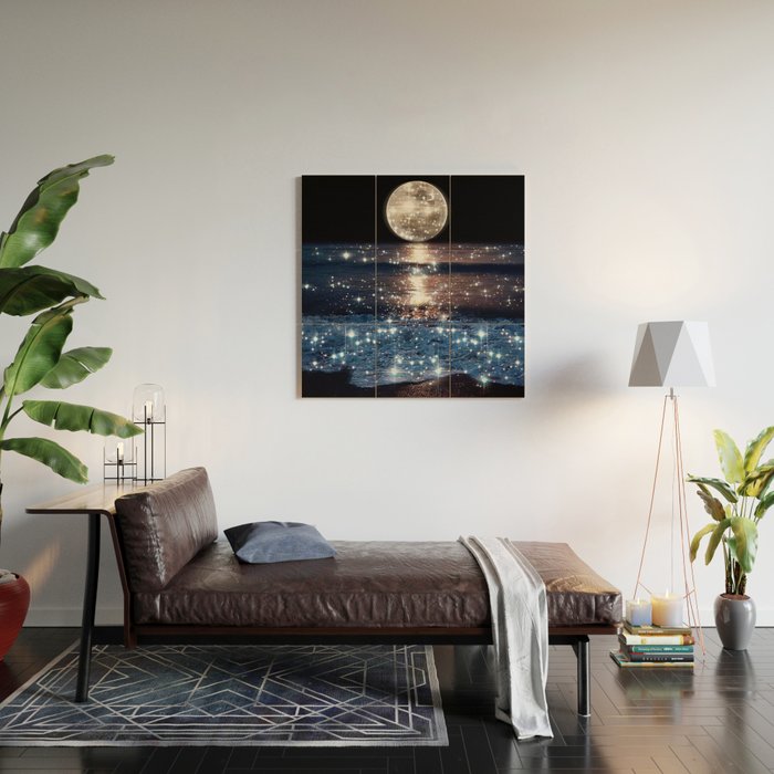 SUNSET | magical | stars | moon | night | waves | moon | sky | beach | ocean | sea | blue | bling  Wood Wall Art Gallery Image 2