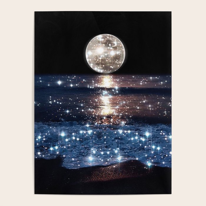 SUNSET | magical | stars | moon | night | waves | moon | sky | beach | ocean | sea | blue | bling  Poster Gallery Image 4