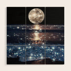 SUNSET | magical | stars | moon | night | waves | moon | sky | beach | ocean | sea | blue | bling  Wood Wall Art Gallery Image 1