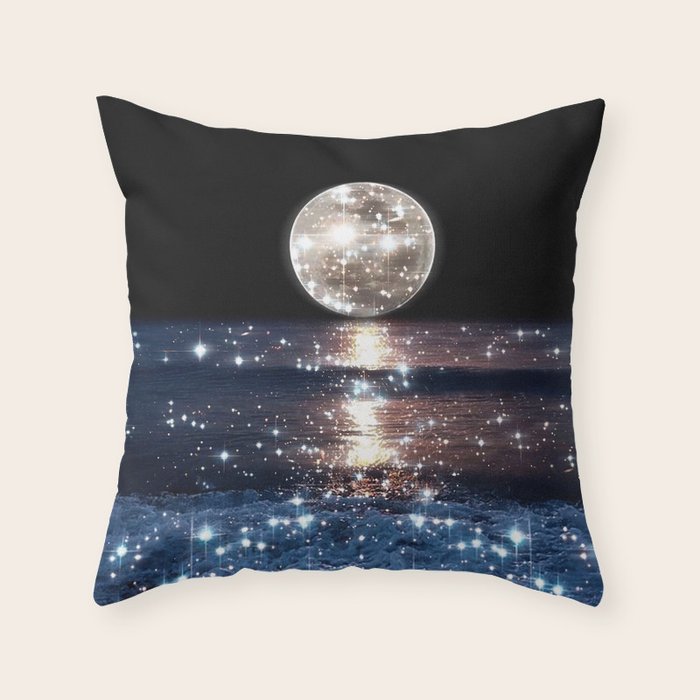 SUNSET | magical | stars | moon | night | waves | moon | sky | beach | ocean | sea | blue | bling  Throw Pillow Gallery Image 6