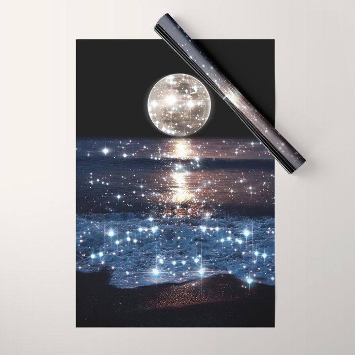 SUNSET | magical | stars | moon | night | waves | moon | sky | beach | ocean | sea | blue | bling  Wrapping Paper Gallery Image 1