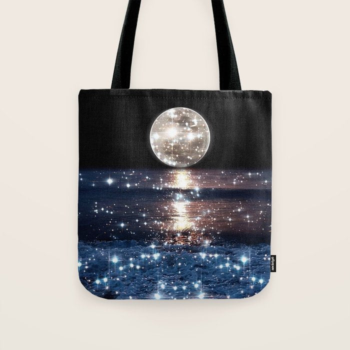 SUNSET | magical | stars | moon | night | waves | moon | sky | beach | ocean | sea | blue | bling  Tote Bag Gallery Image 1