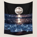 SUNSET | magical | stars | moon | night | waves | moon | sky | beach | ocean | sea | blue | bling  Wall Tapestry Gallery Image 4