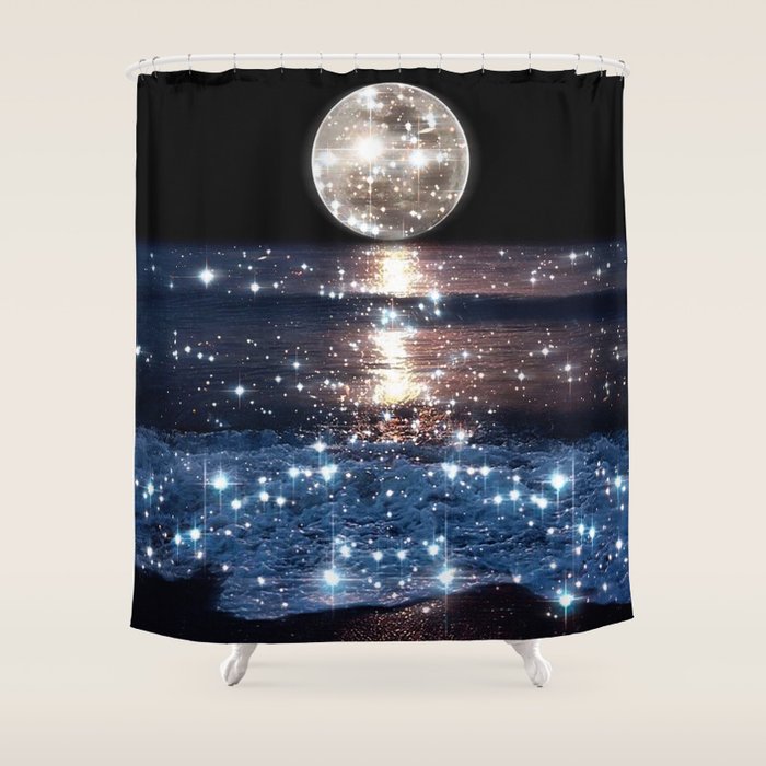SUNSET | magical | stars | moon | night | waves | moon | sky | beach | ocean | sea | blue | bling  Shower Curtain Gallery Image 1