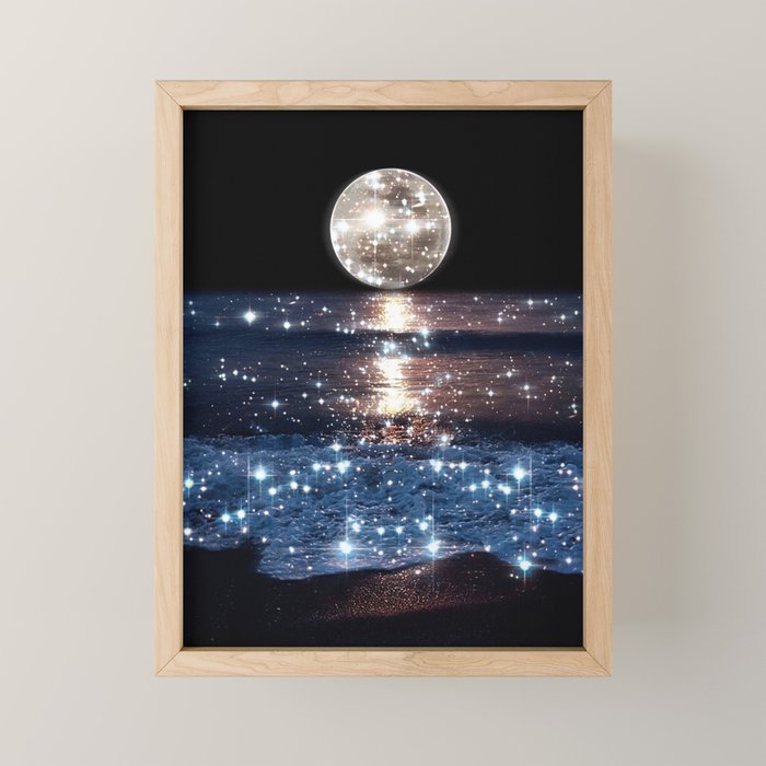 SUNSET | magical | stars | moon | night | waves | moon | sky | beach | ocean | sea | blue | bling  Mini Art Print Gallery Image 1