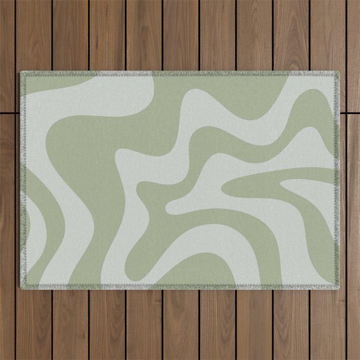Retro Liquid Swirl Abstract Pattern in Sage Green Outdoor Rug Gallery Image 1
