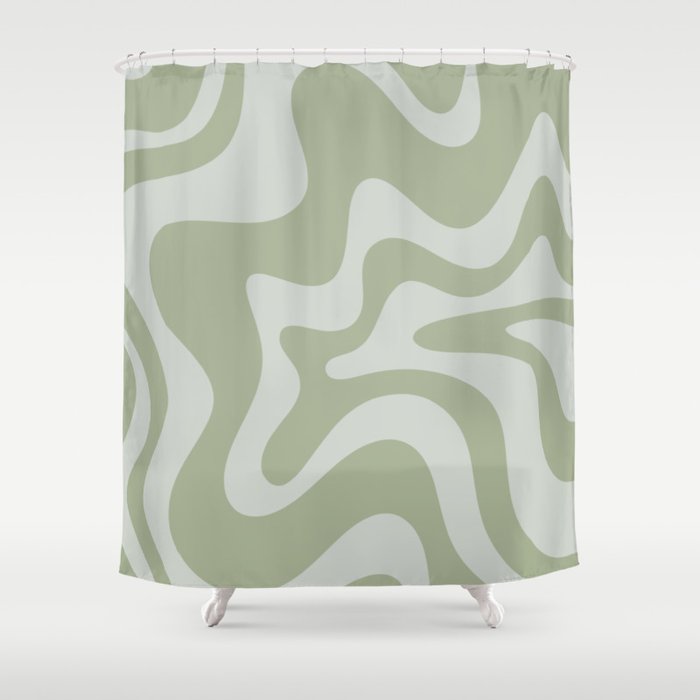 Retro Liquid Swirl Abstract Pattern in Sage Green Shower Curtain Gallery Image 1