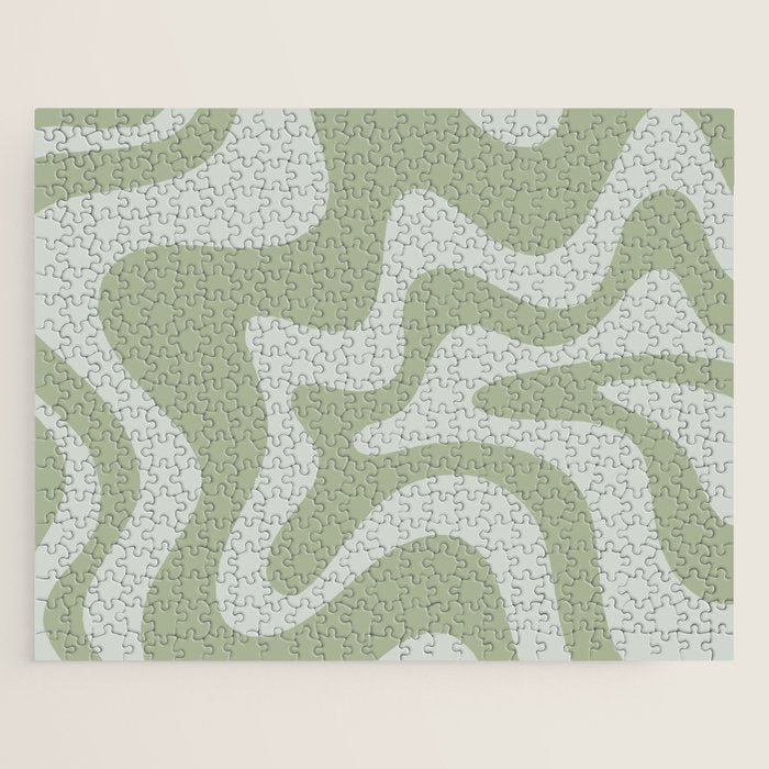 Retro Liquid Swirl Abstract Pattern in Sage Green Jigsaw Puzzle Gallery Image 1
