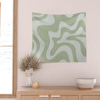 Retro Liquid Swirl Abstract Pattern in Sage Green Wall Tapestry Gallery Image 2