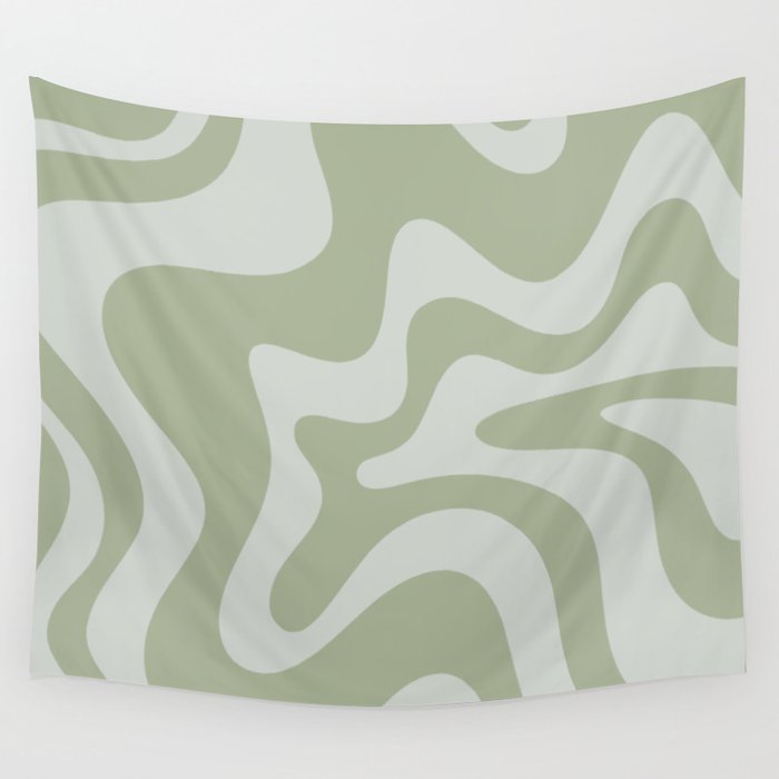 Retro Liquid Swirl Abstract Pattern in Sage Green Wall Tapestry Gallery Image 1