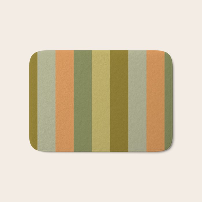 Muted Vertical Stripe Pattern in Vintage Green and Cantaloupe Tones Bath Mat Gallery Image 1