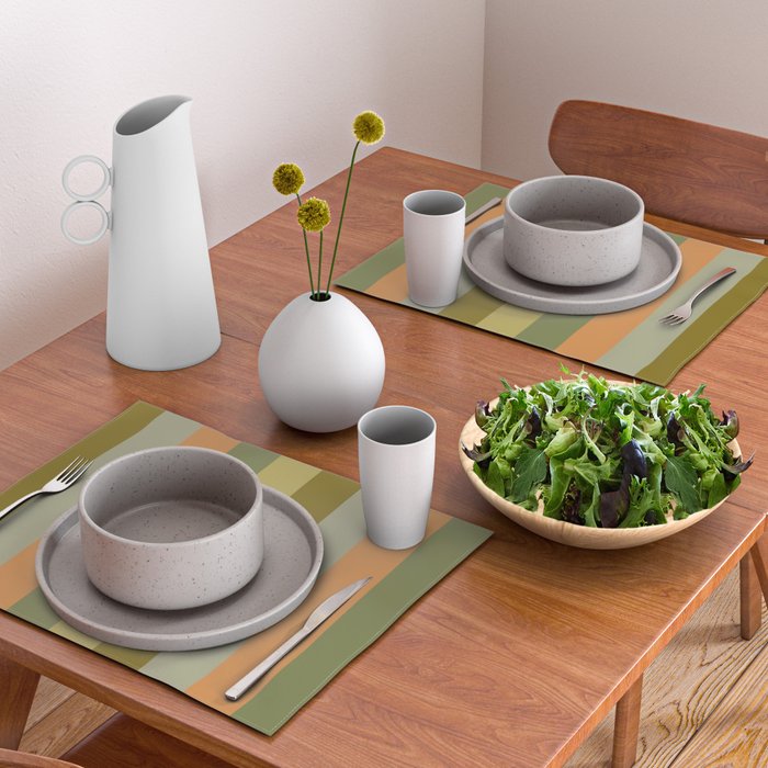 Muted Vertical Stripe Pattern in Vintage Green and Cantaloupe Tones Placemat Gallery Image 2