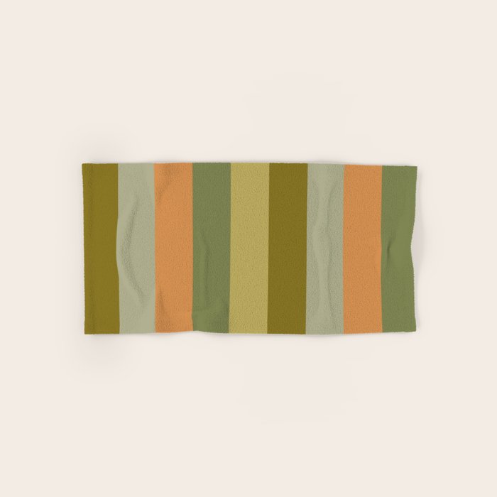 Muted Vertical Stripe Pattern in Vintage Green and Cantaloupe Tones Bath Towel Gallery Image 1