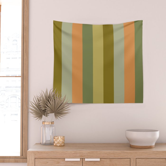 Muted Vertical Stripe Pattern in Vintage Green and Cantaloupe Tones Wall Tapestry Gallery Image 2
