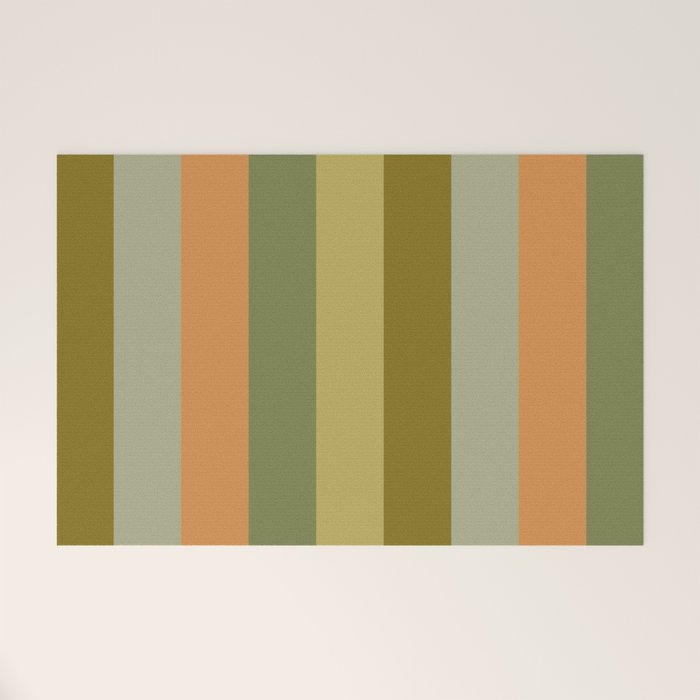 Muted Vertical Stripe Pattern in Vintage Green and Cantaloupe Tones Welcome Mat Gallery Image 1
