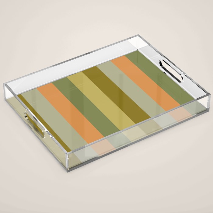 Muted Vertical Stripe Pattern in Vintage Green and Cantaloupe Tones Acrylic Tray Gallery Image 1
