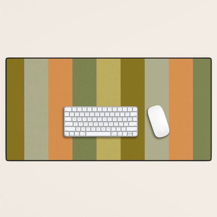 Muted Vertical Stripe Pattern in Vintage Green and Cantaloupe Tones Desk Mat Gallery Image 1