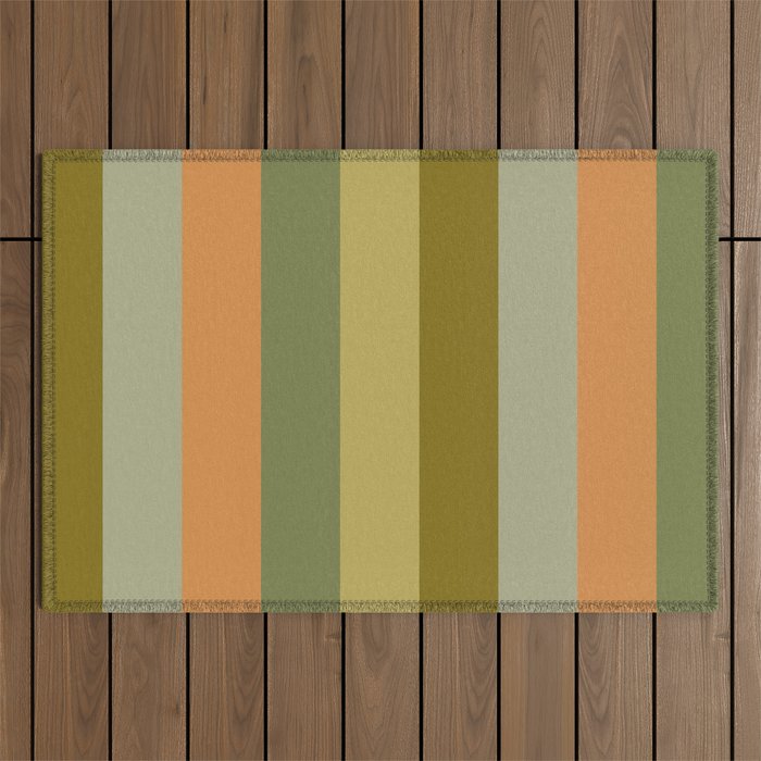 Muted Vertical Stripe Pattern in Vintage Green and Cantaloupe Tones Outdoor Rug Gallery Image 1