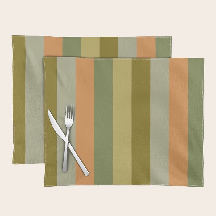 Muted Vertical Stripe Pattern in Vintage Green and Cantaloupe Tones Placemat Gallery Image 1