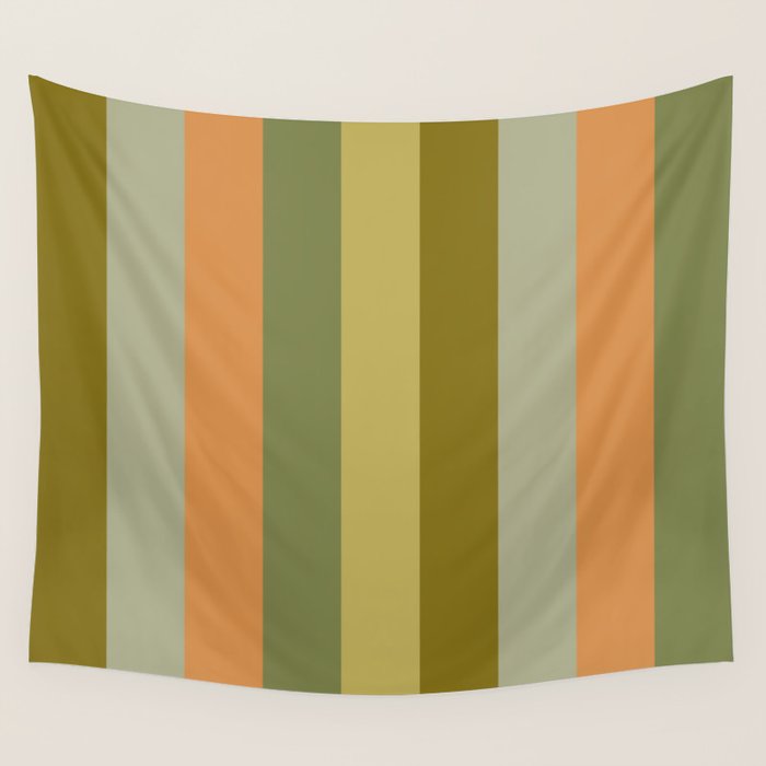 Muted Vertical Stripe Pattern in Vintage Green and Cantaloupe Tones Wall Tapestry Gallery Image 4