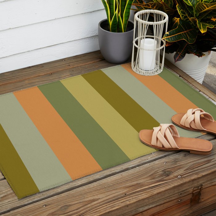 Muted Vertical Stripe Pattern in Vintage Green and Cantaloupe Tones Outdoor Rug Gallery Image 2