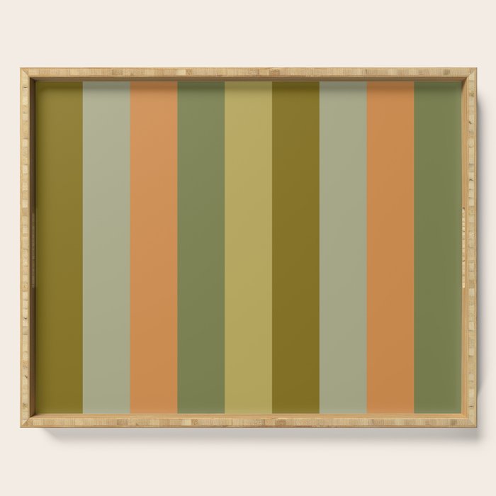Muted Vertical Stripe Pattern in Vintage Green and Cantaloupe Tones Serving Tray Gallery Image 1