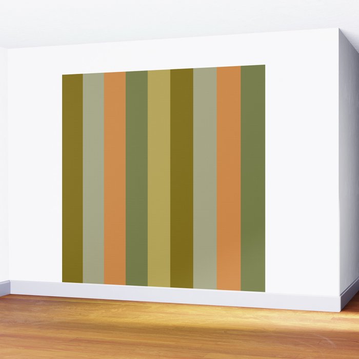 Muted Vertical Stripe Pattern in Vintage Green and Cantaloupe Tones Wall Mural Gallery Image 2