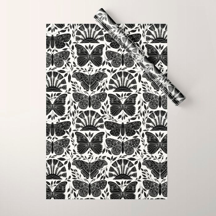 Black & White Retro, Folk Butterfly Wrapping Paper Gallery Image 1
