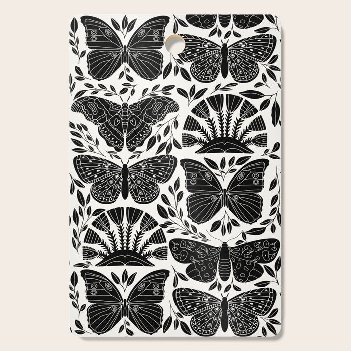 Black & White Retro, Folk Butterfly Cutting Board Gallery Image 1