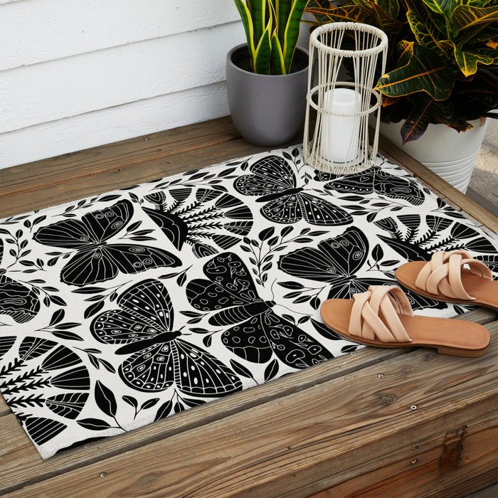 Black & White Retro, Folk Butterfly Outdoor Rug Gallery Image 2