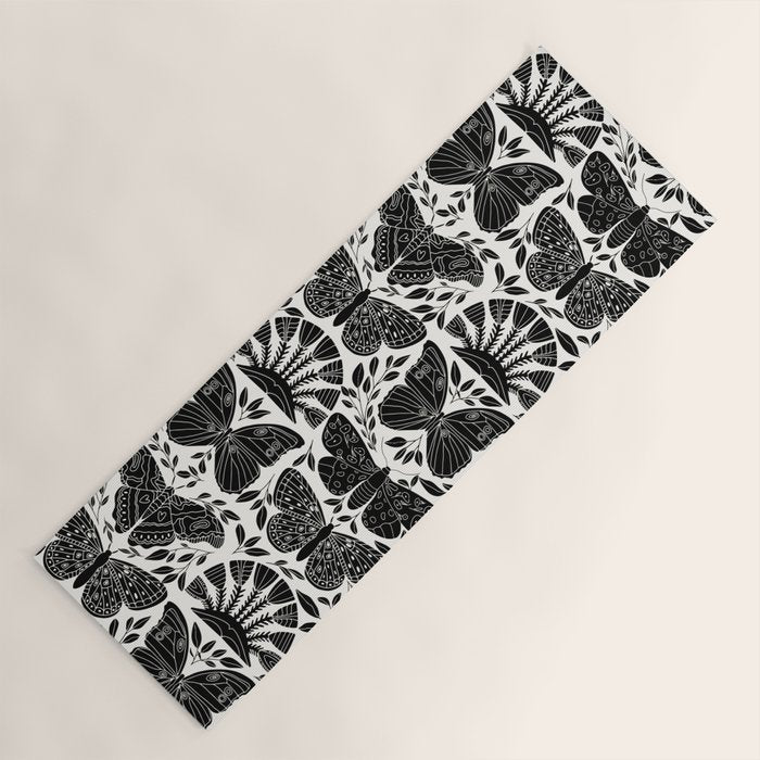 Black & White Retro, Folk Butterfly Yoga Mat Gallery Image 1