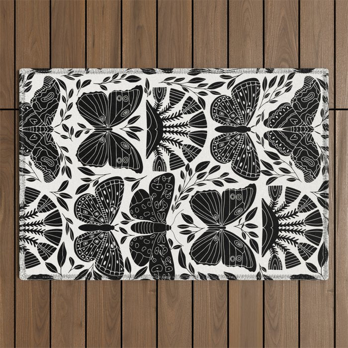 Black & White Retro, Folk Butterfly Outdoor Rug Gallery Image 1