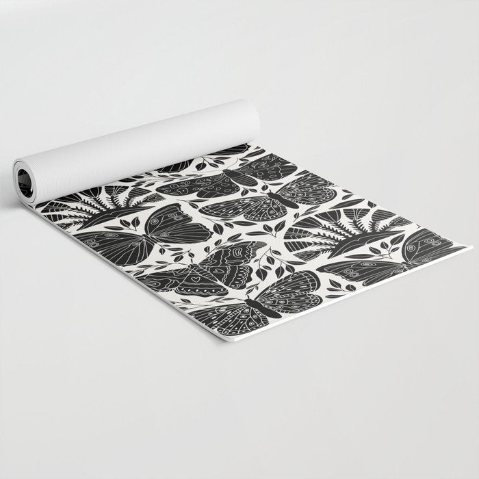 Black & White Retro, Folk Butterfly Yoga Mat Gallery Image 2