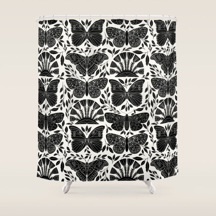 Black & White Retro, Folk Butterfly Shower Curtain Gallery Image 1