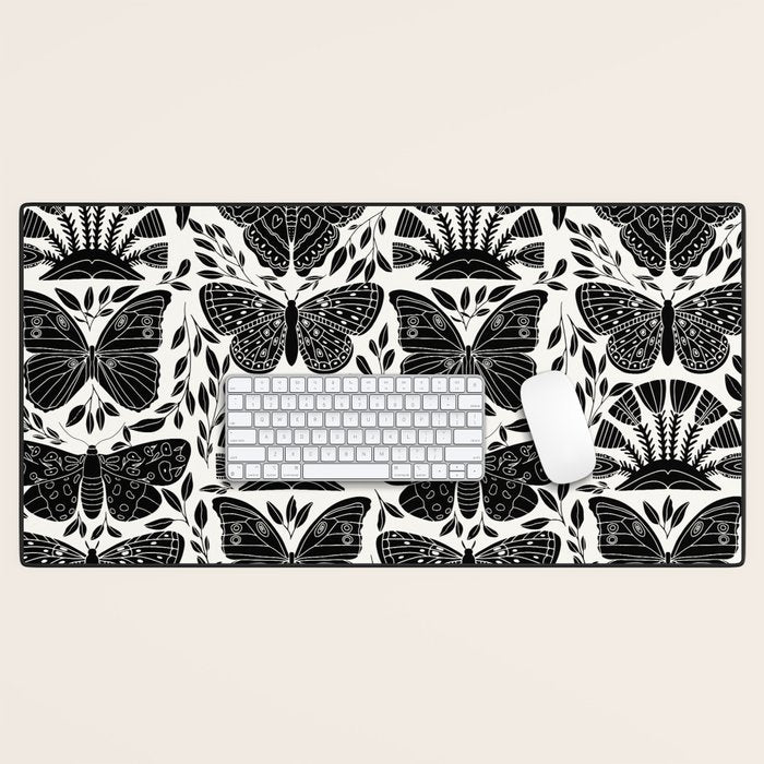 Black & White Retro, Folk Butterfly Desk Mat Gallery Image 1