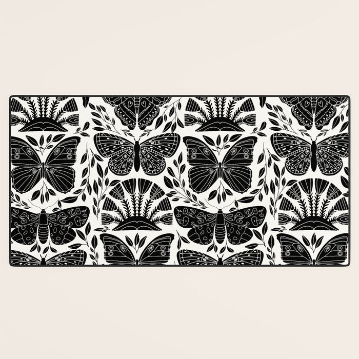 Black & White Retro, Folk Butterfly Desk Mat Gallery Image 3