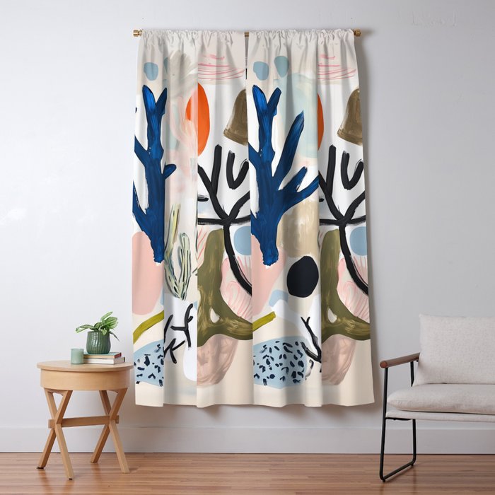 Sea Life Abstract Coral and Seashells Ocean Coastal  Blue Art Painting Window Curtain Gallery Image 1