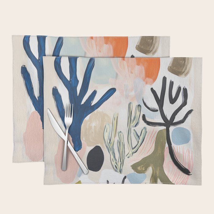 Sea Life Abstract Coral and Seashells Ocean Coastal  Blue Art Painting Placemat Gallery Image 1